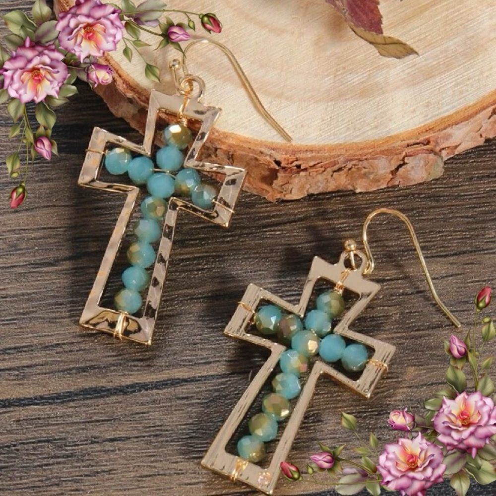 Zinc Alloy Bead Decor Cross Drop Earrings